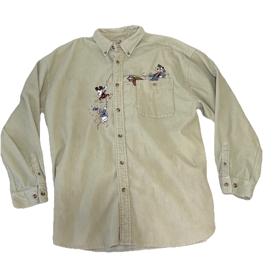 VTG Men's XL Disney Store Mickey Mouse Goofy Corduroy Button Up Long Sleeve